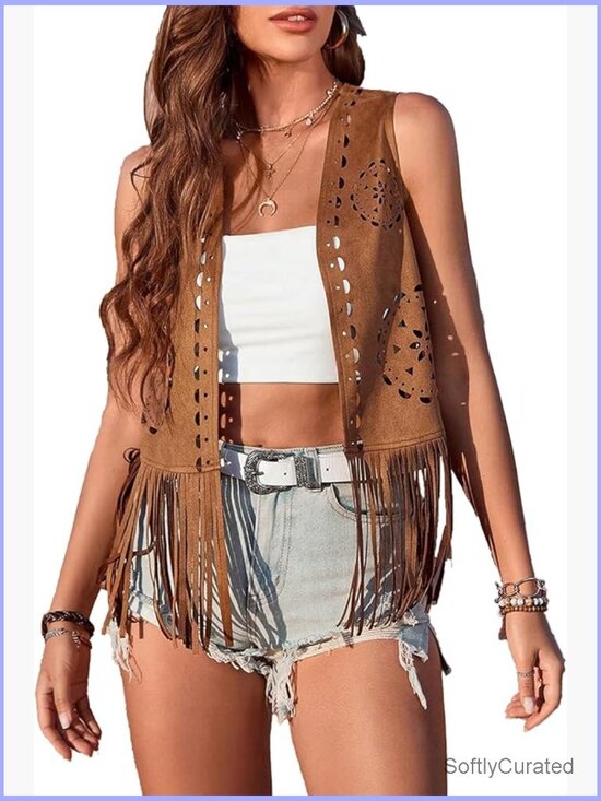 Jackets & Blazers - Women's Suede Fringe Vest Sleeveless Open Front Western Cowgirl Jacket